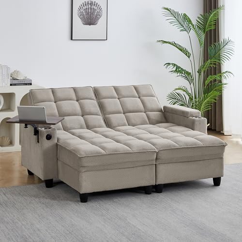 70.9" Chaise Lounge Chair Indoor, Oversized Boucle Upholstered Sofa Bed, Adjustable Backrest Deep Seat Reading Chair, Sofas Couches for Living Room with Storage, Cup Holders and 360° Swivel Side Table - color: 1007s-khaki