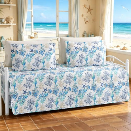 Jarson 3 Piece Beach Daybed Cover Set Twin Size Coastal Quilted Daybed Bedding Sets Double Side Cozy Ocean Sofa Daybed Cover with 2 Shams - color: Starfish Seahorse