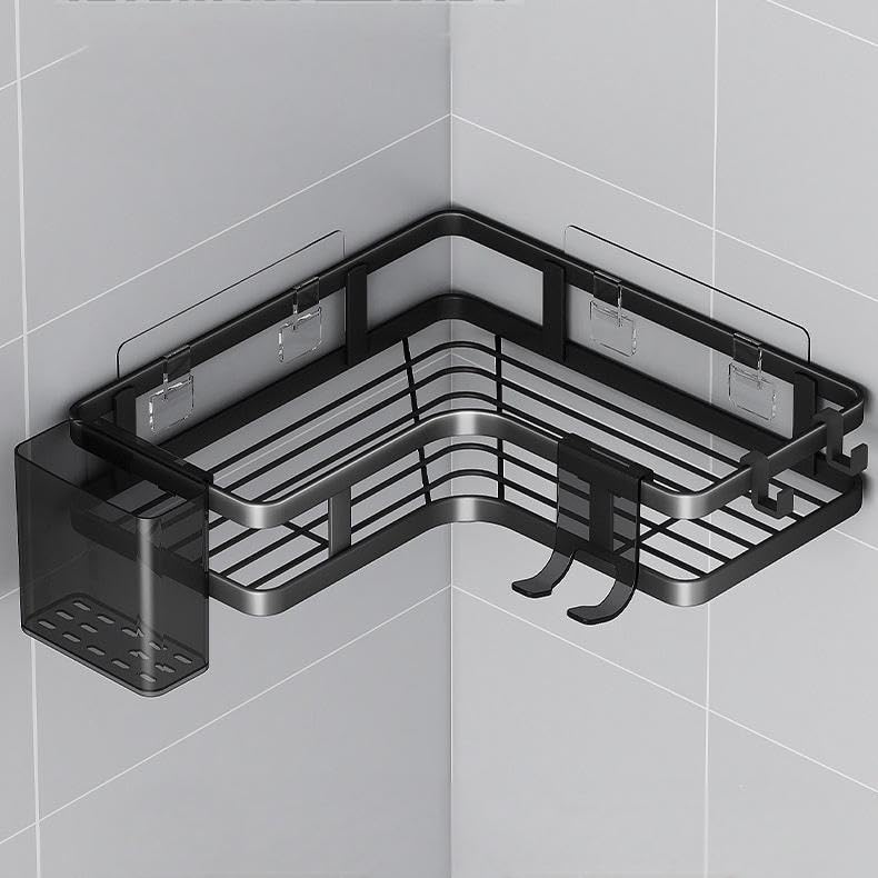 Corner Shower Caddy, Black Stainless Steel, No-Drill Wall Mount Storage Rack, 2 Pack, Wave Design, 9.8 Inch, Rust Resistant, Bathroom Organizer with Hooks