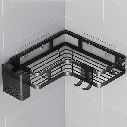 Corner Shower Caddy, Black Stainless Steel, No-Drill Wall Mount Storage Rack, 2 Pack, Wave Design, 9.8 Inch, Rust Resistant, Bathroom Organizer with Hooks