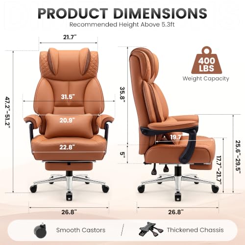 BestGlory Office Desk Chair, Big and Tall Leather Gaming Chair with Footrest, Ergonomic Comfy Executive High-Back Reclining Computer Chairs, Wide Swivel Rolling Wheels and Padded Lumbar Support, Brown - color: Terracotta, style: Freely Reclining