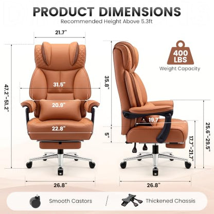 BestGlory Office Desk Chair, Big and Tall Leather Gaming Chair with Footrest, Ergonomic Comfy Executive High-Back Reclining Computer Chairs, Wide Swivel Rolling Wheels and Padded Lumbar Support, Brown - color: Terracotta, style: Freely Reclining