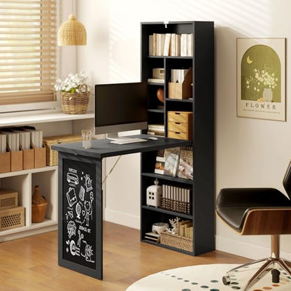 HOMCOM Foldable Convertible Writing Table Computer Desk, Black | Wall Mounted, Space-Saving, Chalkboard, Storage Shelves, for Small Spaces, Home Office, Bedroom, Dorm, Apartment - color: Black