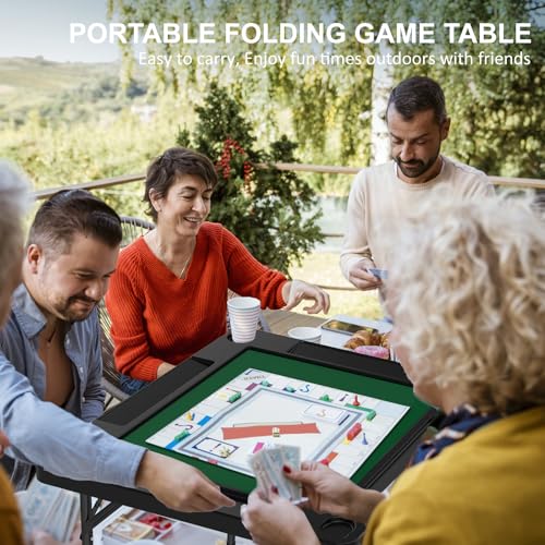 Folding Card Table, 35.4" Square Mahjong Table with Green Felt, Chip Trays and Cup Holders, Portable Domino Tables for 4 Players, Card Game Tables for Mahjong Poker Domino Game, Black - color: Black