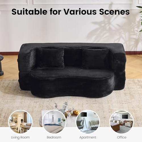 78” Convertible Sofa Bed, Single Size Sleeper Couch, Black | Boneless Folding Loveseat, Deep Seat, Soft Chenille, 4 Pillows, No Assembly, for Guest Living Room Bedroom - color: Black, size: 71"