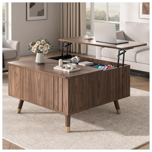 JOINICE Square Lift Top Coffee Table with Storage for Living Room,Walnut | 32" Multi-functional Pop Up Center Table,Large Hidden Compartments with Solid Wood Legs,Lift to 23",Hold 100lbs,Easy Assembly - color: Walnut_square