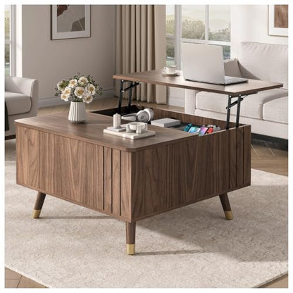 JOINICE Square Lift Top Coffee Table with Storage for Living Room,Walnut | 32" Multi-functional Pop Up Center Table,Large Hidden Compartments with Solid Wood Legs,Lift to 23",Hold 100lbs,Easy Assembly - color: Walnut_square