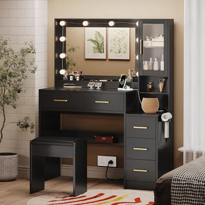 TOKSOM Makeup Vanity with Lights & Charging Station, Black Vanity Table with 5 Drawers & Open Storage Shelves, Bedroom Makeup Dressing Table Set for Women Girls Golden Handles - size: 35.4 inch, style: Modern Black