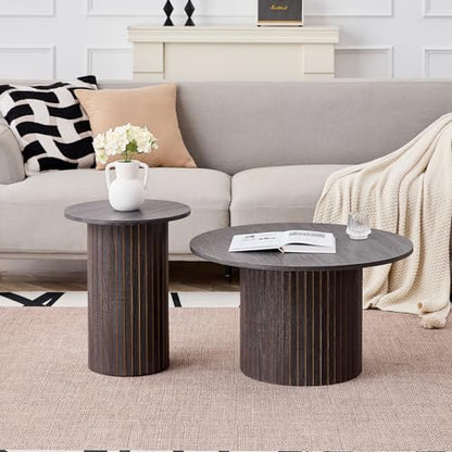 Round Nesting Coffee Table Set of 2 Mid Century Modern Wood Round Coffee Tables with Flexible Small Boho Circle Side Table for Space Saving Living Room Comedor Home Office Bedroom(Black) - color: 2pcs Black
