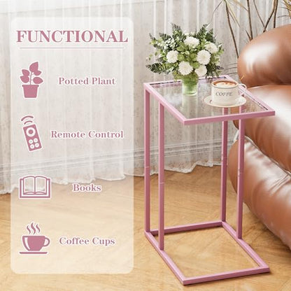 C Shaped End Table, Side End Tables for Living Room,Glass Sofa Couch Table with Metal Frame, Small Tv Tray Snack Dinner Table for Bedroom, Small Spaces, Easy Assembly (Pink) - color: Pink