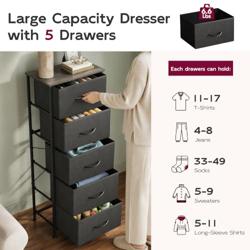 WLIVE Tall Dresser for Bedroom, 5 Drawer Dresser, Charcoal Black | 5 vertical fabric drawers, Tall vertical design, Bedroom or closet use, Dresser for small spaces, Chest of drawers - color: Charcoal Black