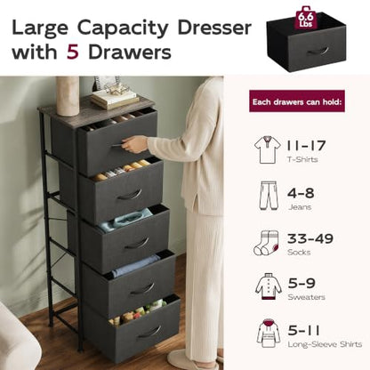 WLIVE Tall Dresser for Bedroom, 5 Drawer Dresser, Charcoal Black | 5 vertical fabric drawers, Tall vertical design, Bedroom or closet use, Dresser for small spaces, Chest of drawers - color: Charcoal Black