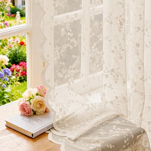 Vintage Floral Lace Sheer Curtains 63 Inches Long 2 Panels, Flower Branch Pattern, Scalloped Edge, Easy Rod Pocket, Romantic Drapes for Bedroom Living Room (W52xL63) Beige - color: Beigedream, size: 52"W x 63"L (Pack of 2)