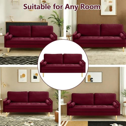 65" Love Seat Sofa, Velvet Small Sofa Small Couch for Bedroom Living Room, Bedroom, Loveseat with 2 Pillows, Gold Legs, Modern Tufted Seat Upholstered Seating for Office, Apartment (Red) - color: Red
