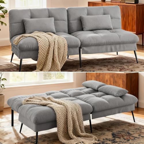 COMHOMA 72″ Convertible Futon Sofa Bed, Adjustable Backrest, Grey | Breathable Fabric Futon Couch with Pillows,Multi-angle Ergonomic Reclining,Space-saving Sleeper Sofa for Living Room - color: Grey