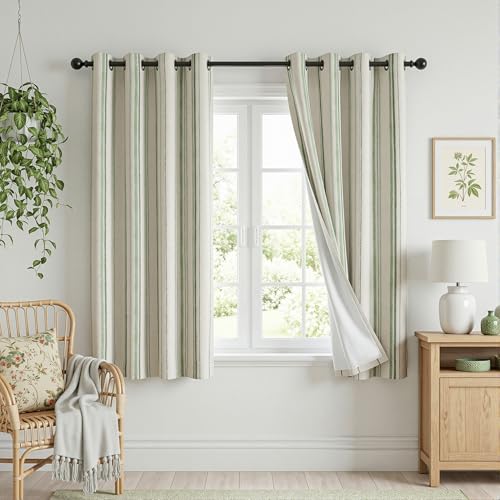MYSKY HOME Green Striped Curtains 63 Inches Long for Bedroom 100% Blackout Ticking Stripe Pinstripe Patterned Linen Double Layer Curtains Farmhouse Drapes, Grommet, 2 Panels, 52" Wide - color: Green/Blackout, size: 52"W x 63"L (Pack of 2)