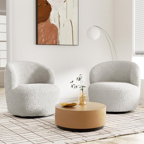 FiveWillowise Swivel Accent Chair Set of 2, 360° Small Round Barrel Chairs, Modern Cozy Sherpa Padded Armchair for Living Room, Bedroom, Waiting Room, Office, Light Grey - color: Light Grey, size: 2 PC