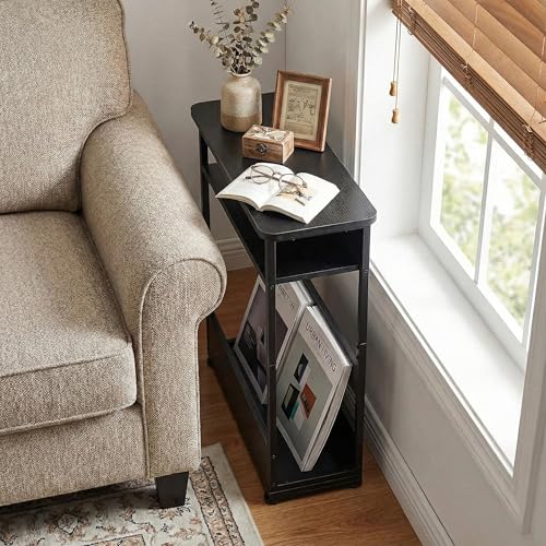 Narrow Side Table,3-Tier Slim End Table with Storage Shelf,Modern Sofa Table Thin Side Table for Narrow and Small Spaces, Skinny Bedside Table Small Nightstand with Magazine Rack Space Saving/Black - color: Black