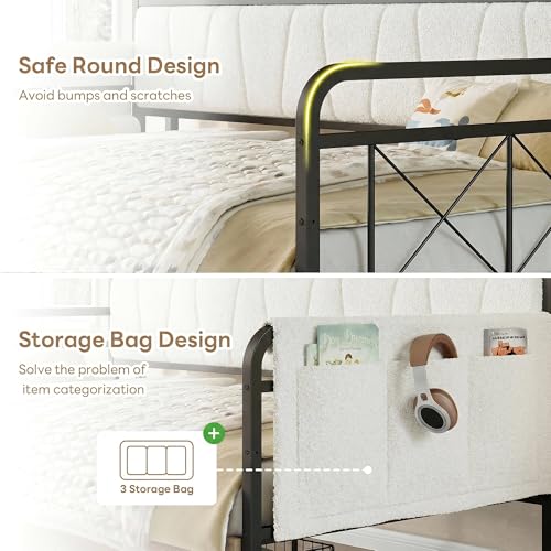 LIKIMIO Twin Daybed, Day Bed Frame with 2 Storage Drawers, Charging Station | Sofa Daybed with Boucle Upholstered Headboard, Storage Shelf & Bag, Strong Supports for Bedroom and Guest Room, Cream