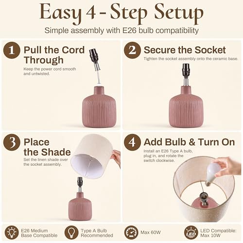 Ceramic Table Lamp, 17.75" Rustic Farmhouse Bedside Lamp with Beige Linen Shade, Warm Ambient Nightstand Lighting for Bedroom or Living Room, Painted Terra - color: Terracotta