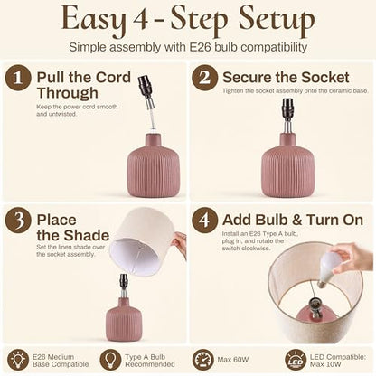 Ceramic Table Lamp, 17.75" Rustic Farmhouse Bedside Lamp with Beige Linen Shade, Warm Ambient Nightstand Lighting for Bedroom or Living Room, Painted Terra - color: Terracotta