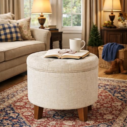 HomePop 19" Button Tufted Round Storage Ottoman - Cream Textured Solid - color: Cream Textured Solid