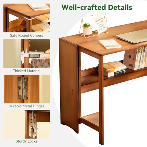 Bamboo Folding Desk Mid Century Modern Desk for Home Office Bedroom Small Spaces, Brown - color: Brown, size: 21.65"D x 32.68"W x 29.92"H