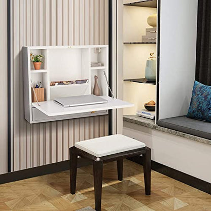 GRAFFY Wall Mounted Table, Multifunctional Folding Hanging Storage Cabinet, Space Saving Computer Desk w/Storage Drawer and Shelves, Wall Mount Laptop Desk for Home Office (White)