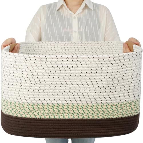 108L Large Basket for Living Room, Nursery & Laundry, Kids Toy Basket Storage with Leather Handle, 25’’*16’’*16’’ White & Mottled Green - color: White & Mottled Green, size: 108L