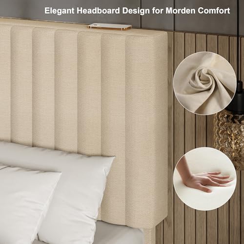 Einhomn Full Size Bed Frame with Headboard, Upholstered Linen Platform Bedframe with Solid Wooden Slats, Noise-Free, No Box Spring Needed, Easy Assembly, Beige - color: Beige, size: Full