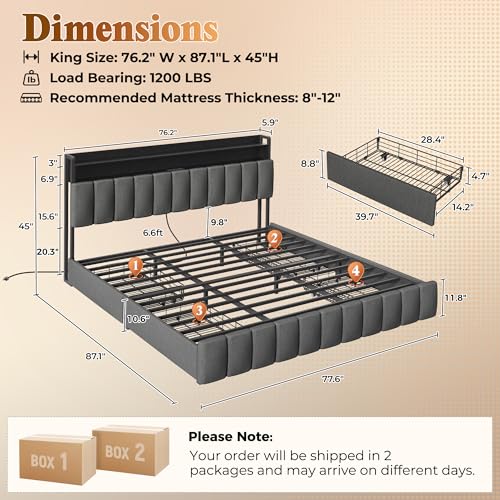 Bed Frame King Size with Upholstered Headboard & Charging Station, King Bed Frame with 4 Storage Drawers, 2-Tier Open Shelves, No Box Spring Needed, Slient Foam Strip, Easy Assembly, Grey - color: Grey, size: King