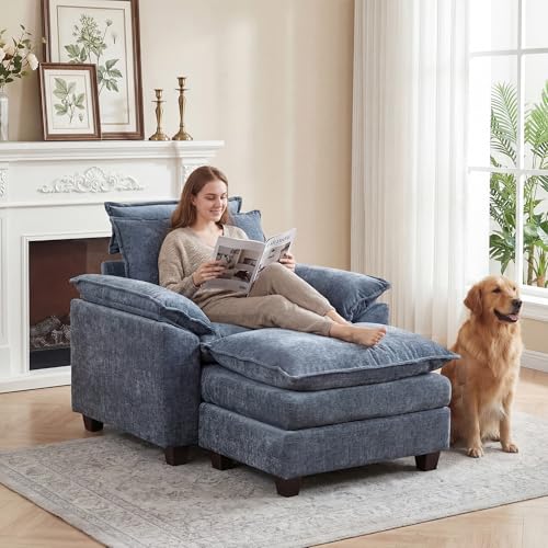 46'' Oversized Chaise Lounge with Ottoman, Cloud Deep Seat Accent Sofa Chair with Detachable Headrest, Double Thicked Cushion Lounge Armchair for Living Room, Bedroom, Blue - color: Blue, size: Chaise Lounge Chair