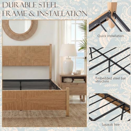 Brafab King Size Rattan Bed Frame, Boho Bed Frame with Hand Woven Wicker Headboard & Footboard, Mid-Century Solid Wood Posts and Feet, Metal Slat, No Box Spring Needed, Natural Oak - size: King (U.S. Standard)