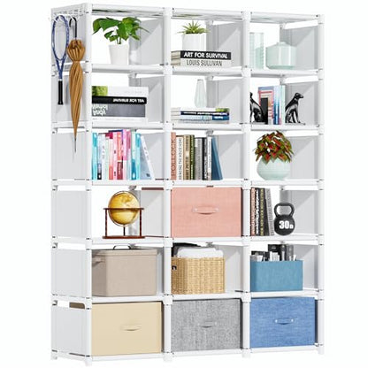 Mavivegue Book Shelf, 18 Cube Storage Organizer, DIY Bookcase, Metal Cube Bookshelf, Tall Book case for Bedroom, Living Room, Office, Closet Storage Organizer, Black Cubicle Storage Rack-White | Modular book shelf and closet organizer boasts extra-large c