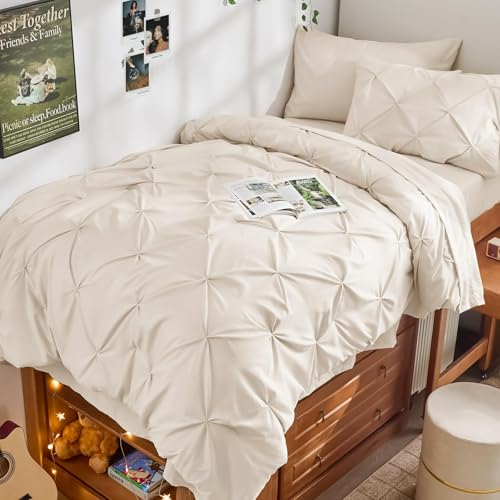 JOLLYVOGUE Twin Comforter Set 5 Pieces - Bed in a Bag Twin for All Season, Pintuck Bedding Comforter Sets with Comforter, Flat Sheet, Fitted Sheet and Pillowcases & Shams, Beige - color: Beige, size: Twin