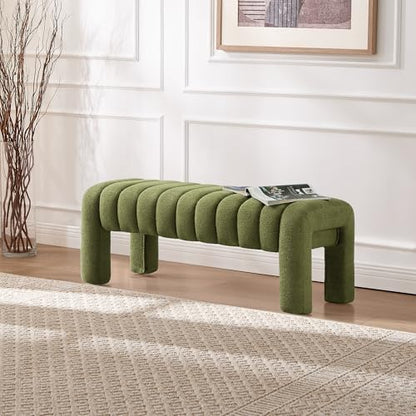 43.3" Dining Room Bench, Green Tufted Upholstered End of Bed Bench, Modern Entryway Ottoman Window Seat with Solid Wood Legs and Padded Seat for Bedroom, Hallway and Living Room (Boucle) - color: Green Boucle, size: 43.3"