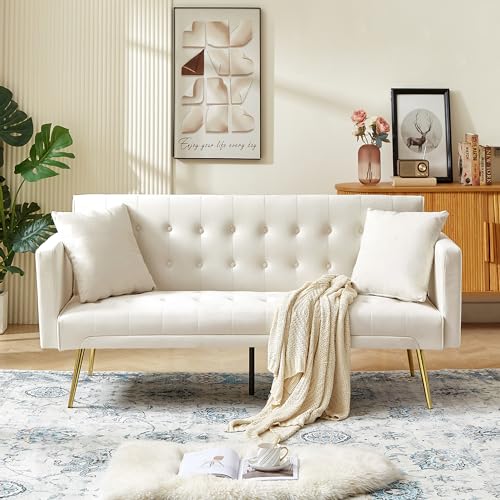 Anwick 72''Modern Velvet Sofa Bed Futon,Convertible Folding Sleeper Couches with 3 Adjustable Backrests,Tufted Recliner Loveseat with Golden Chrome Legs for Living Room Apartment Office (Beige-new) - color: Beige-new