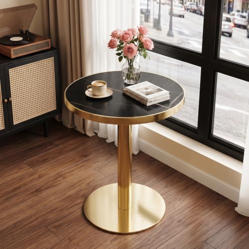 TesNus 23.6" Small Round Dining Table for 2, Circle Tulip Table, Faux Marble Top with Gold Metal Pedestal Base, Modern Leisure Coffee Table for Small Spaces, Cafe, Office, Black&Gold - color: Black Top&gold Base