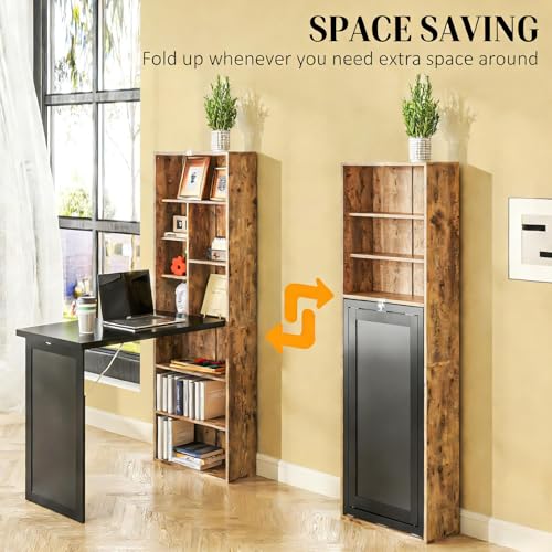 Foldable Wall Mounted Desk with Storage Shelves & Blackboard, Fold-Out Convertible Writing Table for Small Spaces | Space-Saving Floating Computer Desk for Home Office (Brown) - color: Brown
