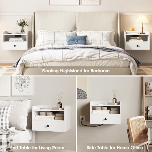 Floating Nightstand Set of 2 Modern Night Stands with Drawer and Open Shelf | Cubby Small Bedside End Table with Charging Station Wall Mounted Nightstands Set 2 for Bedroom White - color: White