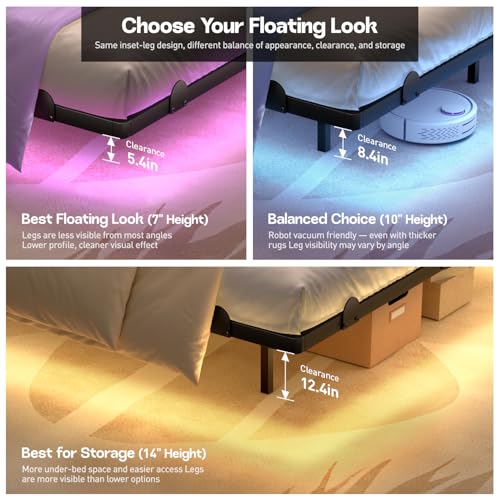 qimamo 10 Inch Floating Full Bed Frame with Smart LED Lights and Charging Station, Modern Metal Full Bed Frame, Easy to Assemble, No Box Spring Needed - size: Full (U.S. Standard), style: Floating Look 10"