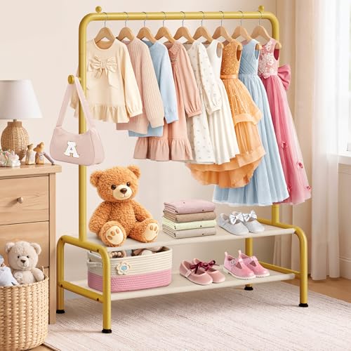Kids Gold Clothing Rack - Dress Up Clothes Rack - Baby Toddler Closet - Freestanding Coat Racks with 2 Fabric Shelves - Small Kids Costume Wardrobe - Garment Rack for Hanging Clothes Organizer - color: Gold