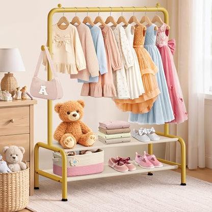 Kids Gold Clothing Rack - Dress Up Clothes Rack - Baby Toddler Closet - Freestanding Coat Racks with 2 Fabric Shelves - Small Kids Costume Wardrobe - Garment Rack for Hanging Clothes Organizer - color: Gold