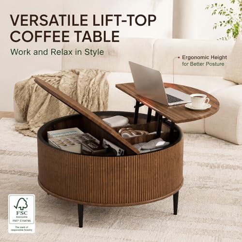 31.5" Round Coffee Table with Storage,Fluted Lift Top Center Table, Midcentury Modern Flip-top Curved Table for Living Room,Walnut