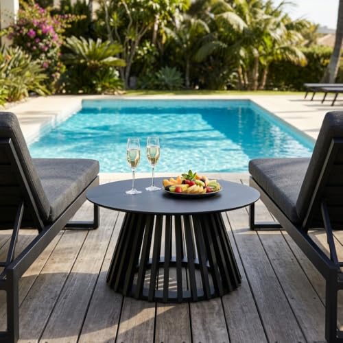HNY Black Round Coffee Table, Wood 31.5" Center Table for Living Room | Modern Mid Century Circle Coffee Table with Fluted Base for Outdoor Patio, Home Small Space, Bedroom, Apartment, Studio - color: Black
