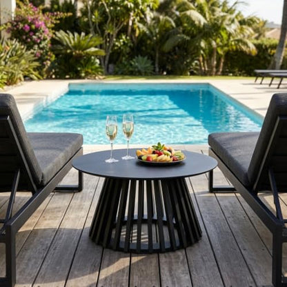 HNY Black Round Coffee Table, Wood 31.5" Center Table for Living Room | Modern Mid Century Circle Coffee Table with Fluted Base for Outdoor Patio, Home Small Space, Bedroom, Apartment, Studio - color: Black