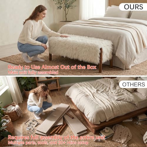 Modern Storage Benches with Walnut Wood Legs, 47'' Ottoman Bench with 20 Gallons Storage Space for Bedroom End of Bed, Faux Fur Fabric Upholstered Entryway Bench, Beige - color: Faux Fur-beige