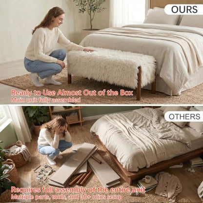 Modern Storage Benches with Walnut Wood Legs, 47'' Ottoman Bench with 20 Gallons Storage Space for Bedroom End of Bed, Faux Fur Fabric Upholstered Entryway Bench, Beige - color: Faux Fur-beige