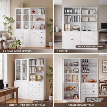 TUSY 71" H Bookcase with Storage | 6-Tier Modern Bookshelf with Drawers, Display Bookcase with Glass Doors, White Curio Cabinet for Home Office, Living Room - color: White