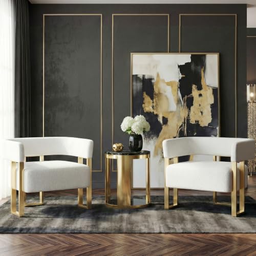 Modern White Boucle Accent Chairs Set of 2, Barrel Chairs for Living Room | STHOUYN Bedroom Armchairs, Curved Barrel Design, Soft Boucle Upholstery, Gold-Tone Legs, Wide Seats, Small Space Office - color: White